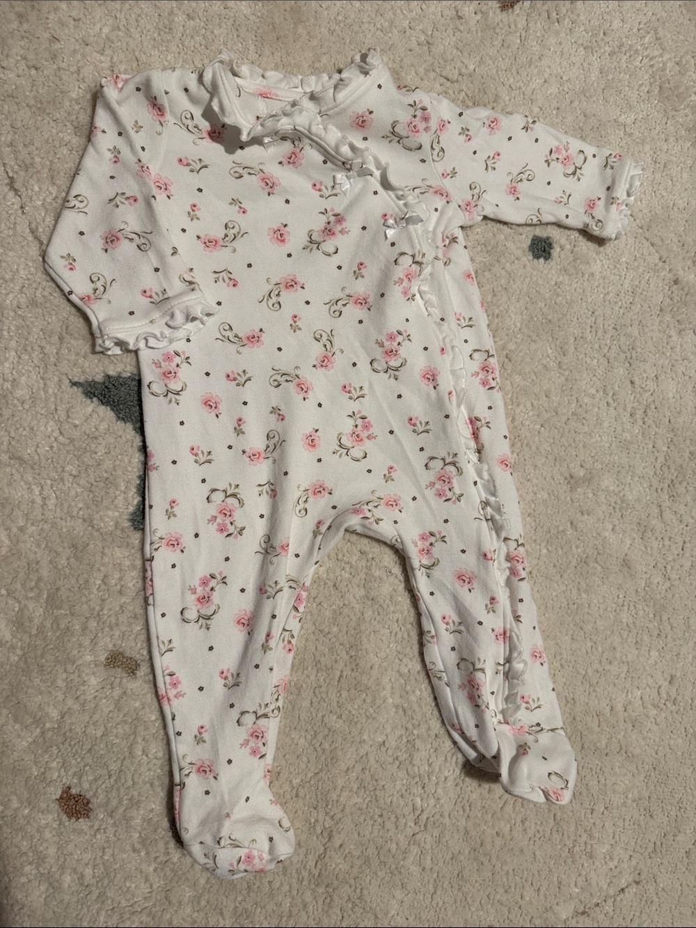 Little Me White Ruffle Floral Footie with Pink Roses